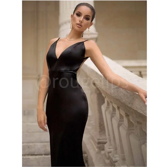 Black Deep V Neck Backless Ruched Long Slip Sheath Dress Evening Gown Prom - Picture 3 of 16